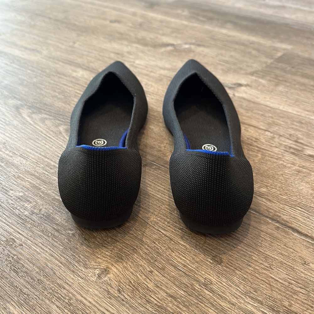 Rothy's Black Pointed Knit Flats with Blue Trim - Picture 3 of 5